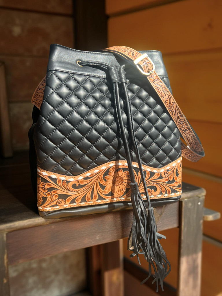 Western Tooled Quilted Leather Black Bucket Bag Handbag 
