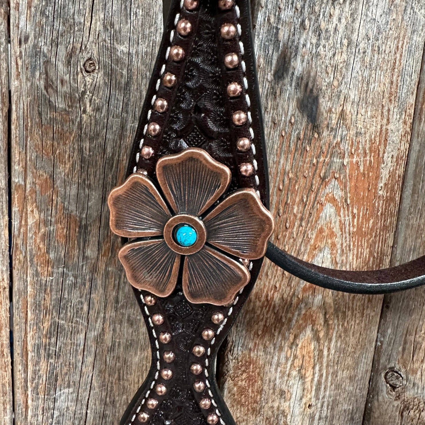 Copper Dot Honeycomb Flower and Turquoise Browband / One Ear Tack Set