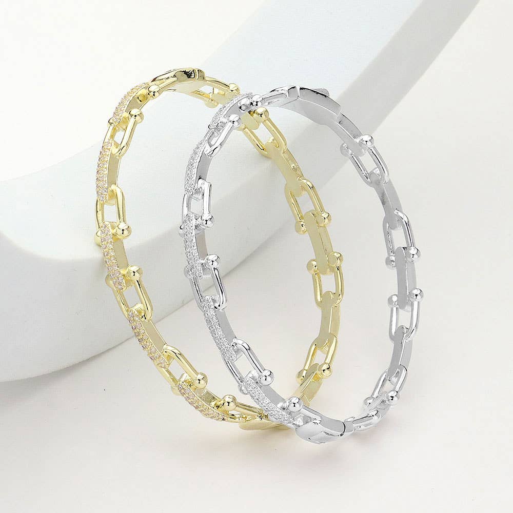 CZ Stone Paved Horseshoe Buckle Hinged Bangle Bracelet