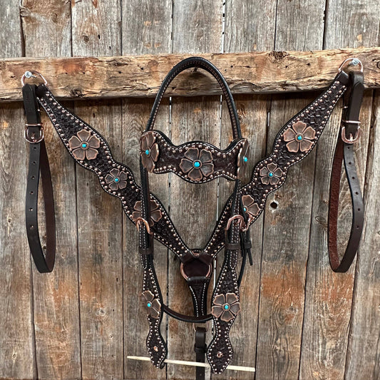 Copper Dot Honeycomb Flower and Turquoise Browband / One Ear Tack Set