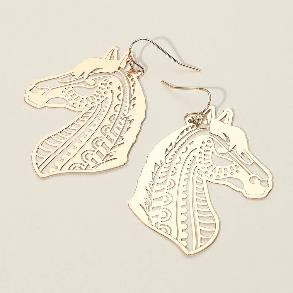 Cut Out Brass Metal Horse Dangle Earrings