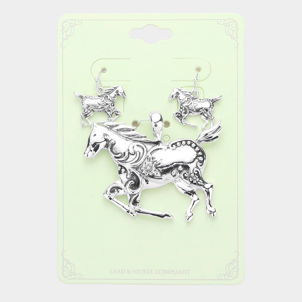 Antique Metal Running Horse Pendant Set