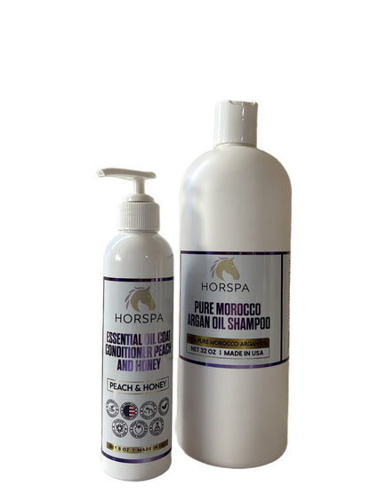 Combo Pure Morocco Argan Oil Shampoo 32oz plus Essential Oil Coat Conditioner Peach and Honey 16oz with Sponge applicator