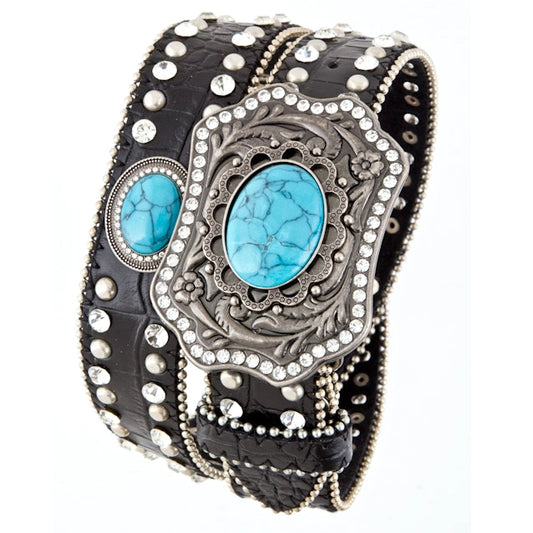 Stone Buckle Blue Crystal Leather Black Adult Belt