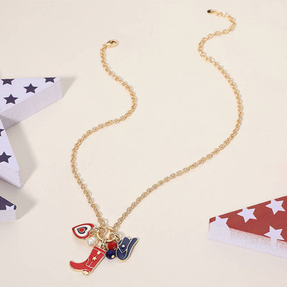 Enamel American USA Flag Cowboy Heart Pearl Charm Necklace