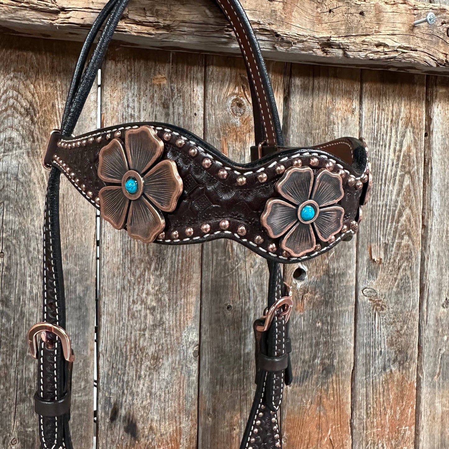 Copper Dot Honeycomb Flower and Turquoise Browband / One Ear Tack Set