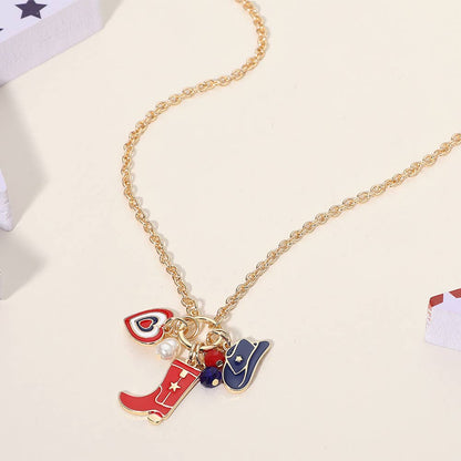 Enamel American USA Flag Cowboy Heart Pearl Charm Necklace
