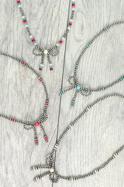 Western Marbled Pearl Bead Long Tail Bow Necklace