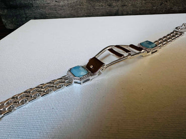 Bold Western Saddle Stirrup Bracelet/Aqua stone w/toggle
