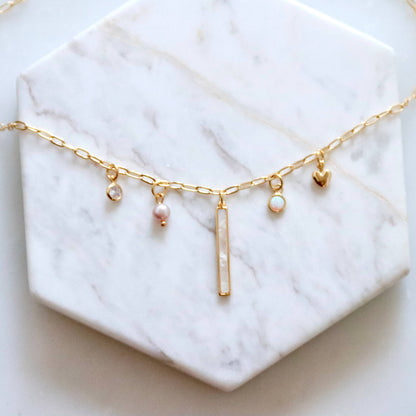 CZ, Mother of Pearl, Opal, Pearl Charm Necklace 