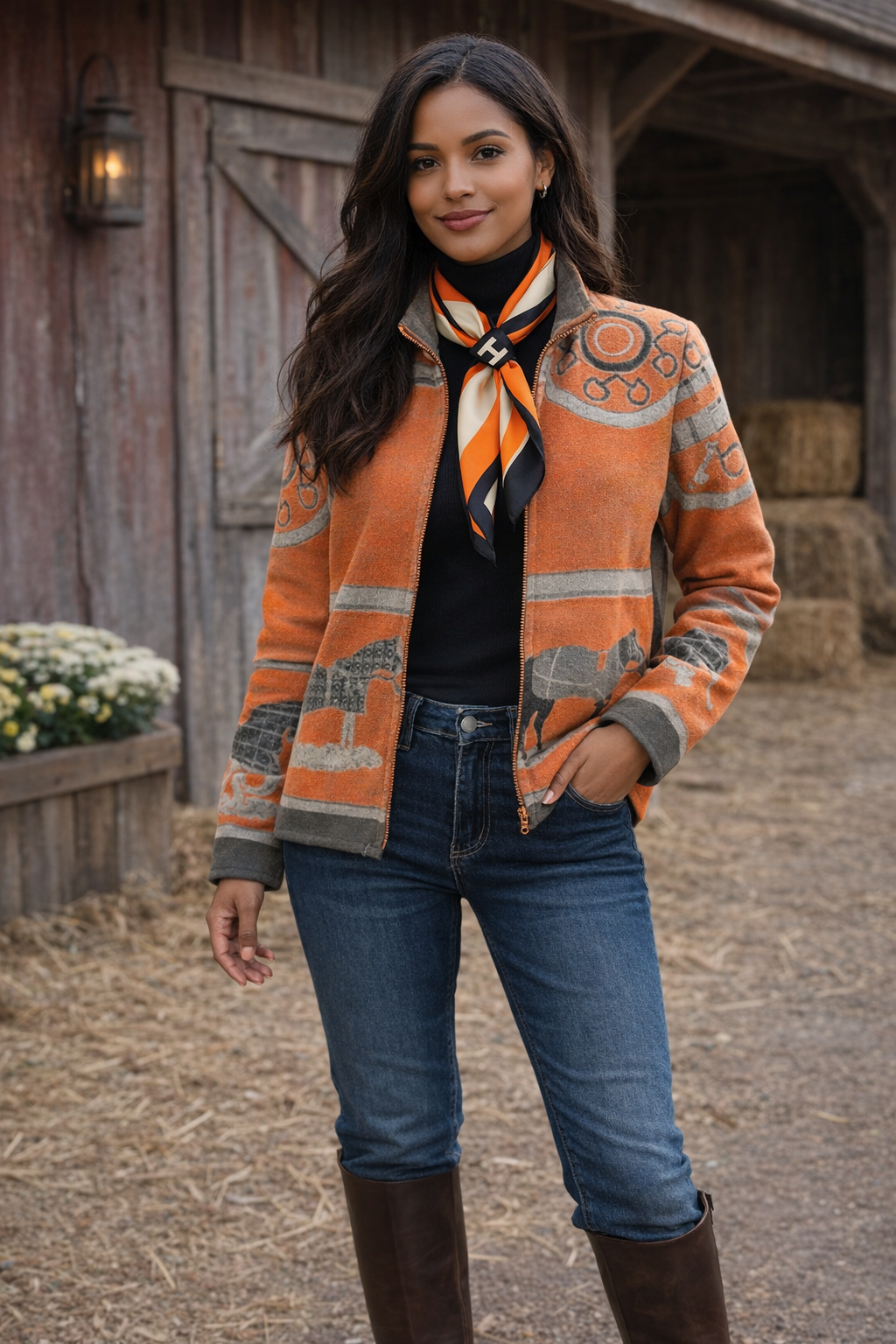 Orange Gallop Zipper Sweater