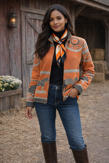 Orange Gallop Zipper Sweater