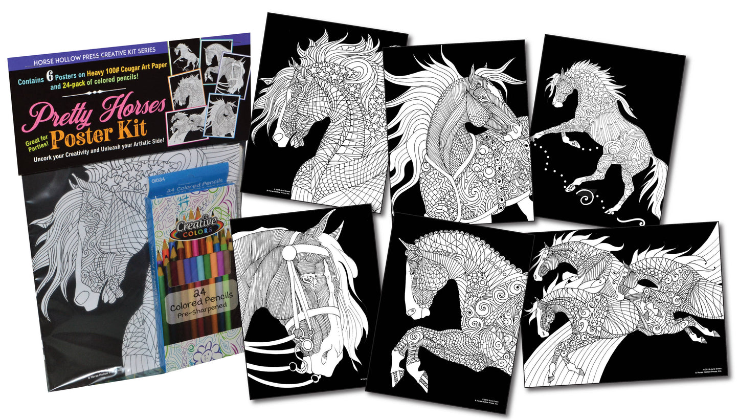 Pretty Horses Kit / 6 Drawings to Color / 24-Colored Pencils