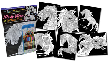 Pretty Horses Kit: 6 Posters to Color + 24-Colored Pencils