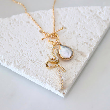 CZ Bow Pearl Coin Necklace