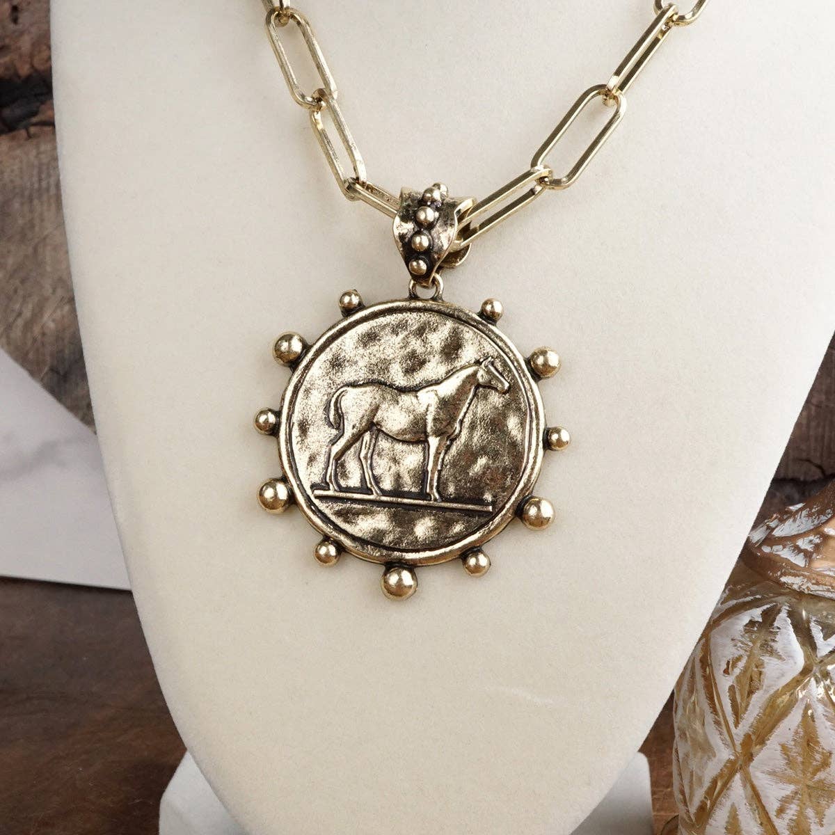Equestrian Western Horse Coin Statement Necklace Set – Worn Gold Tone
