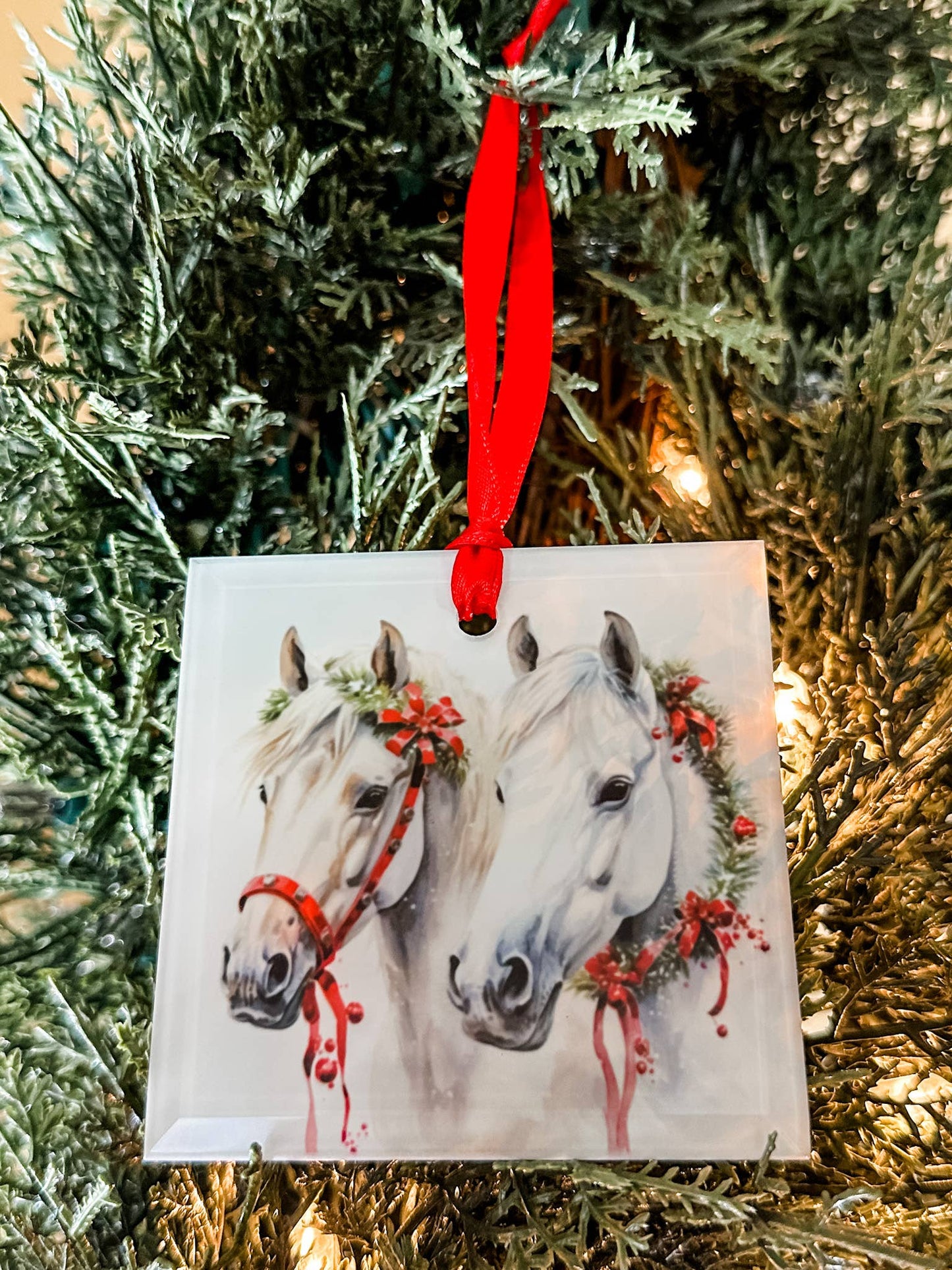 Christmas Ornament Glass- Two Gray Horses