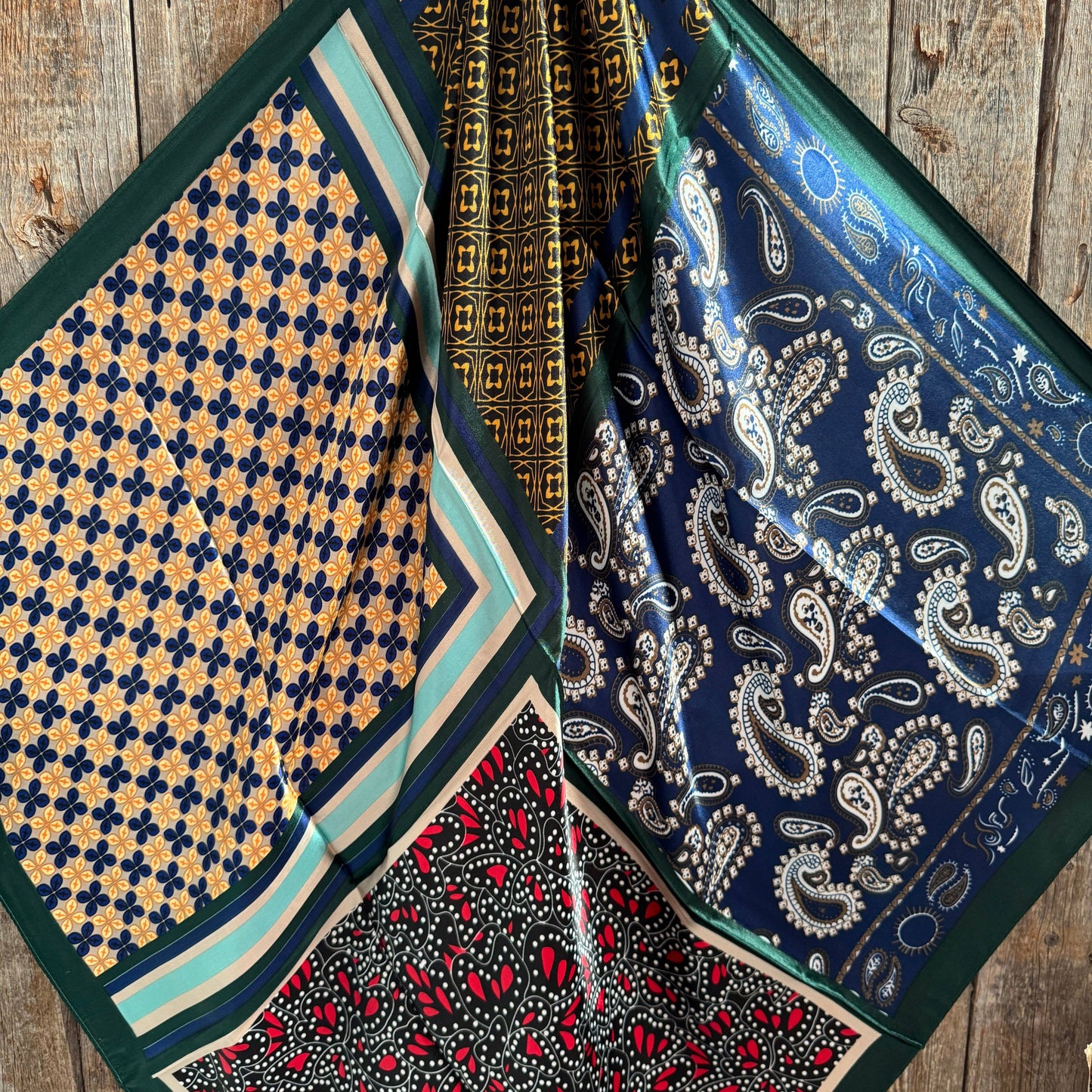 35X35" Green and Blue Multi Patterned Wild Rag / Scarf WR3461