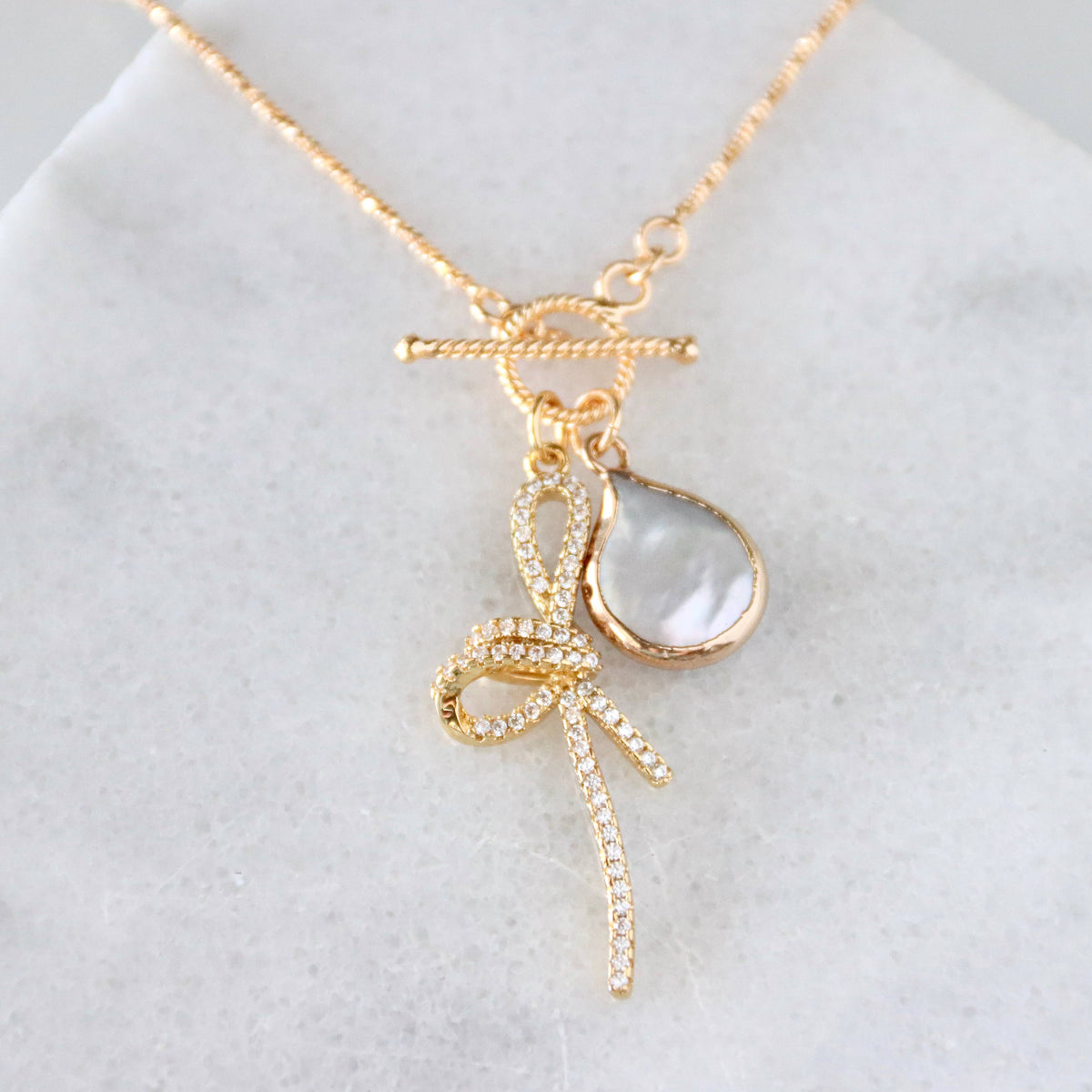 CZ Bow Pearl Coin Necklace