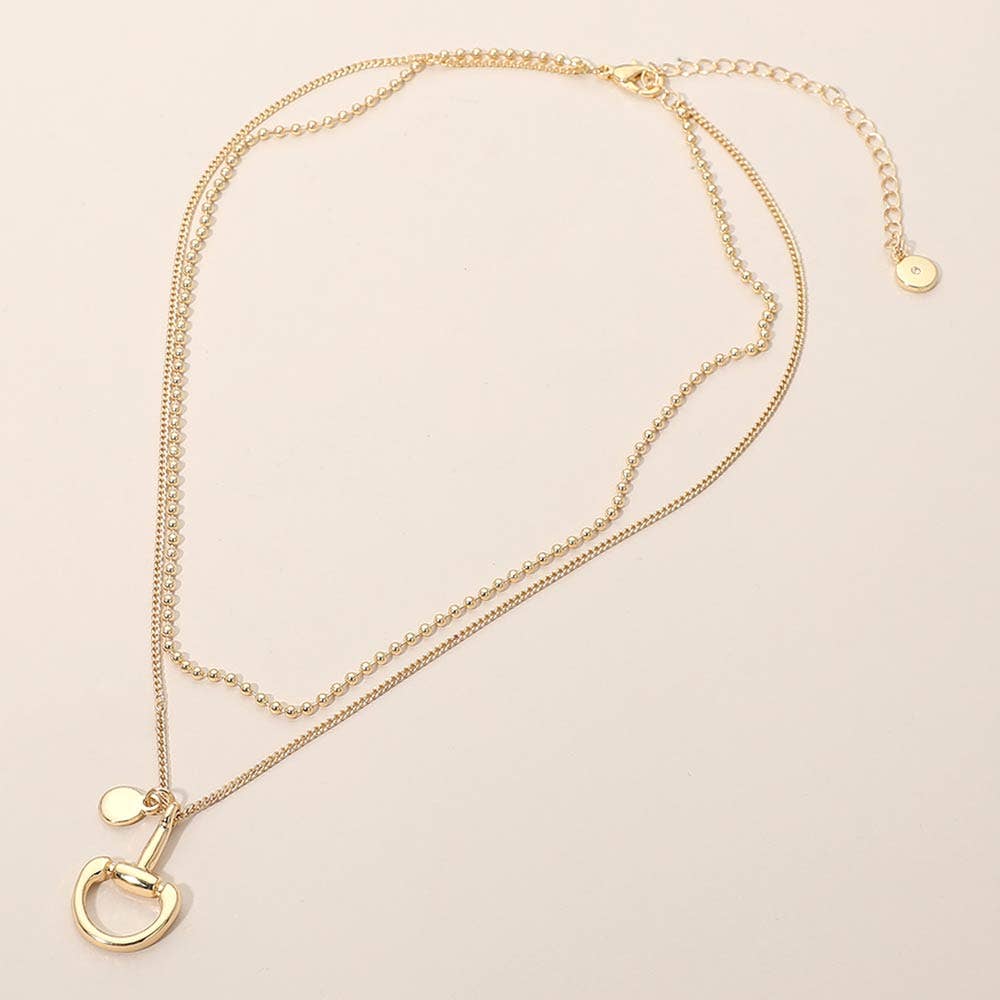 Polished Horsebit Disc Charm Beaded Chain Layered Necklace