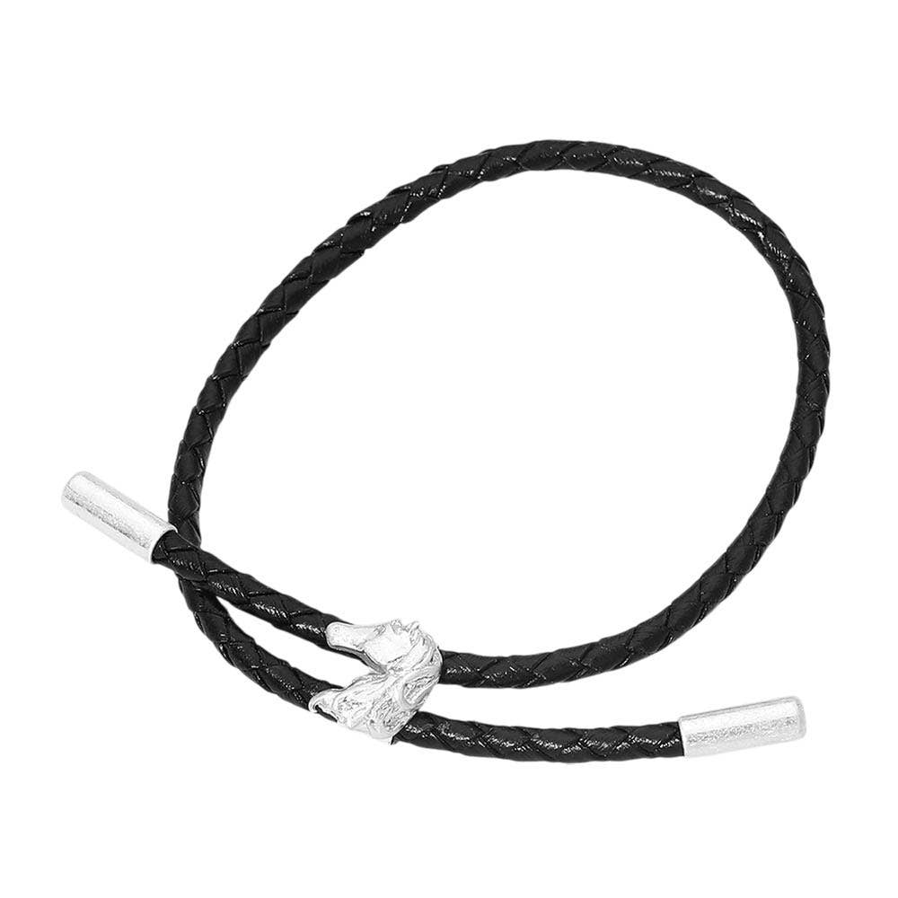 Horse Charm Accent Braided Faux Leather Cord Adjustable Bracelet