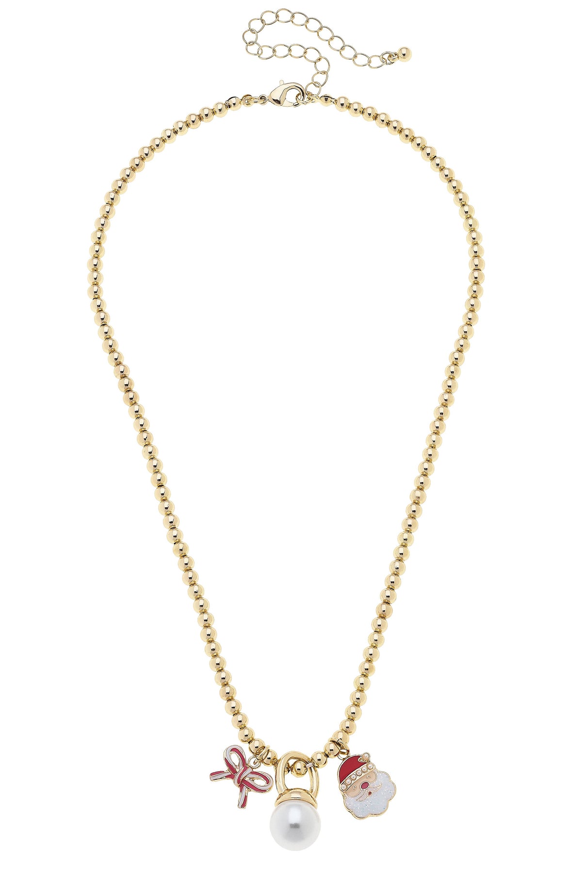 Candy Cane Bow & Santa Claus Ball Bead Necklace