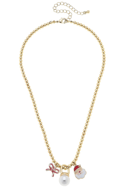 Candy Cane Bow & Santa Claus Ball Bead Necklace
