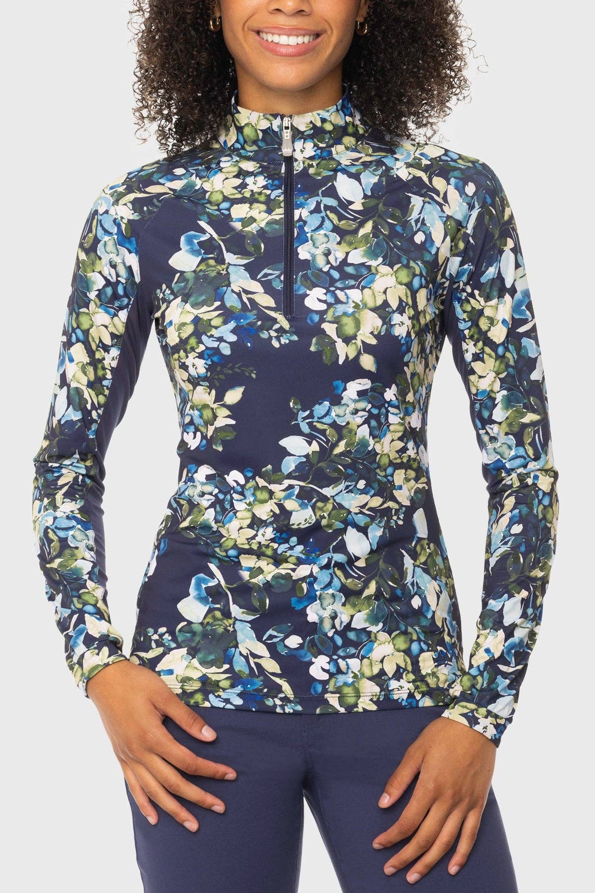 Navy Watercolor Floral 1/4 Zip Long Sleeve Sun Shirt