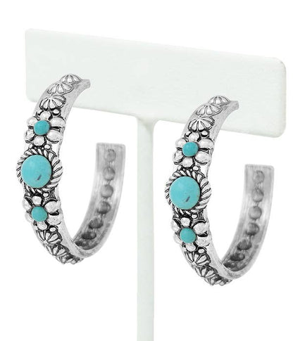 ( E474 )  WESTERN THEME TURQUOISE HOOP EARRING - CONCHO
