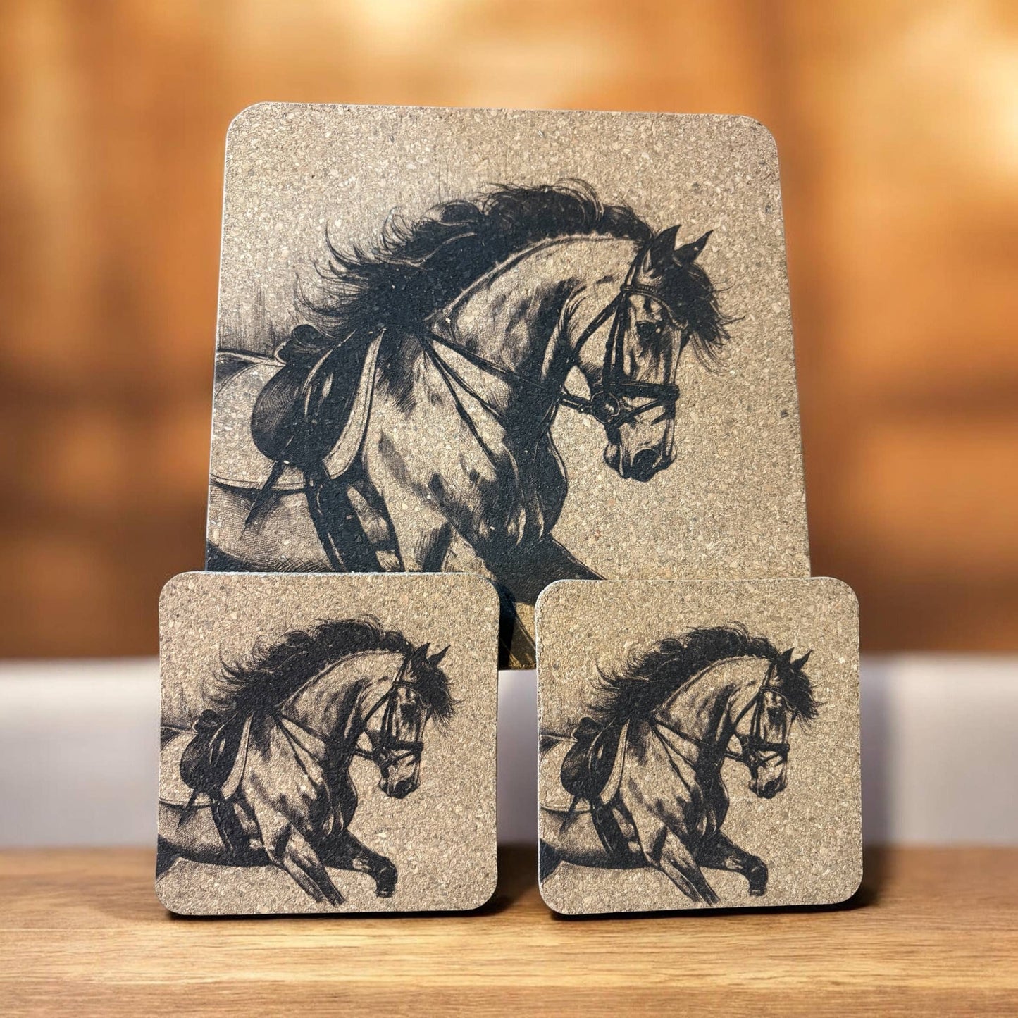 Dressage Horse cork trivet and drink coasters, gift set