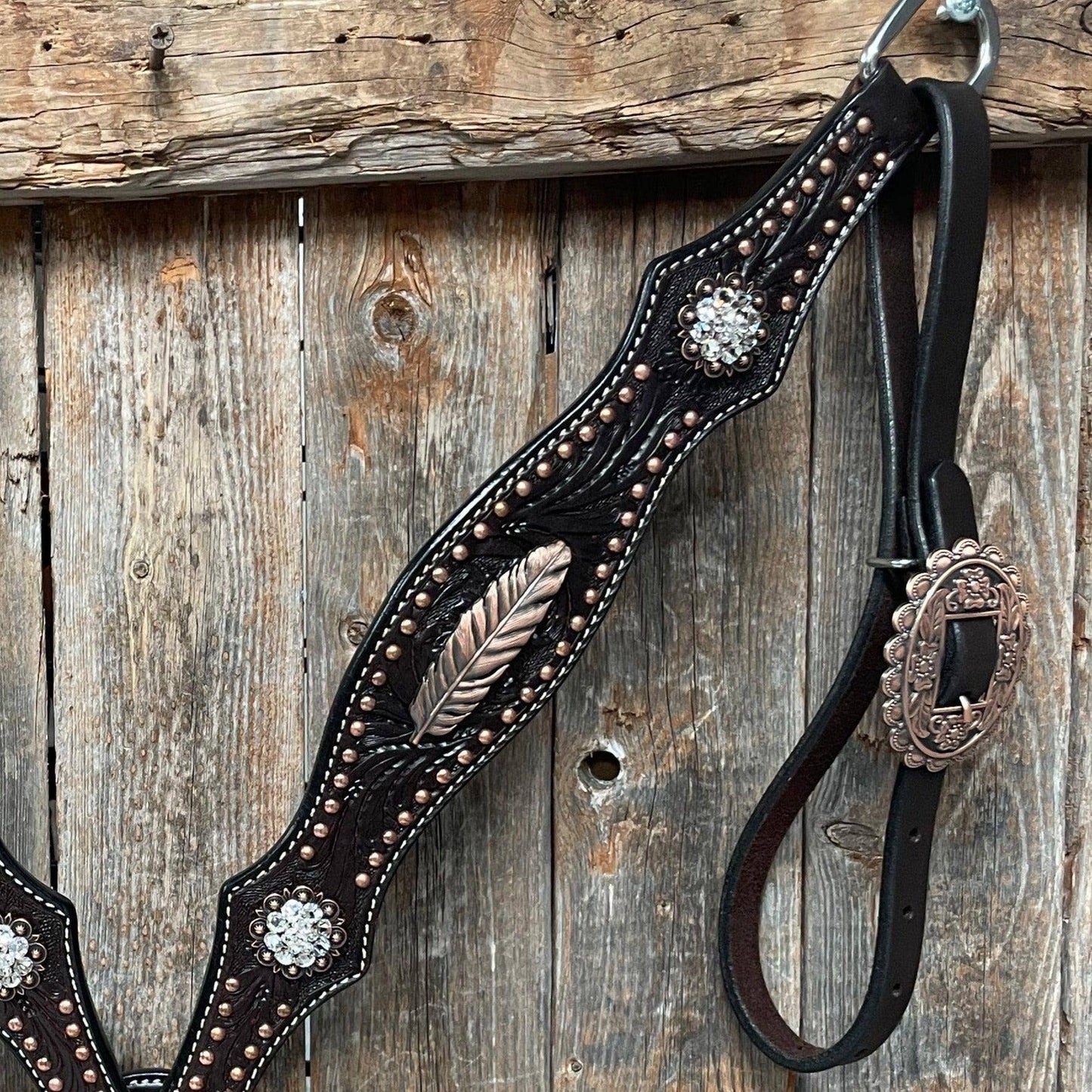 Dark Oil Floral Copper Dot Clear Browband / One Ear / Breastcollar Buckstitch Tack Set #BBBC486