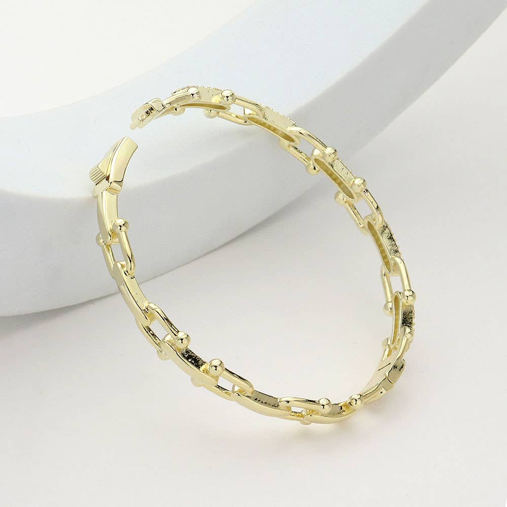 CZ Stone Paved Horseshoe Buckle Hinged Bangle Bracelet