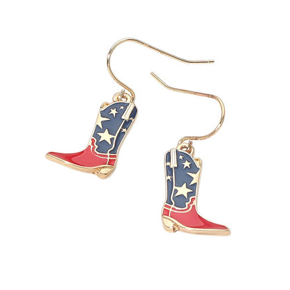 American USA Flag Cowboy Boot Charm Drop Dangle Earrings