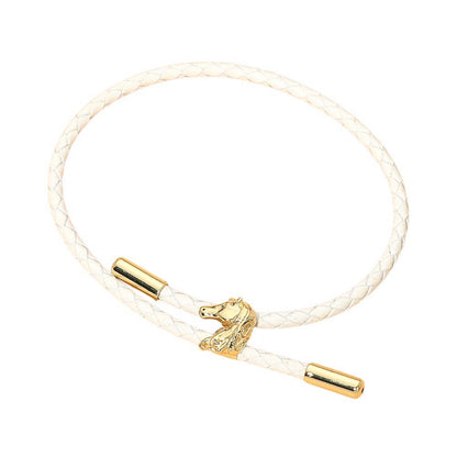 Horse Charm Accent Braided Faux Leather Cord Adjustable Bracelet