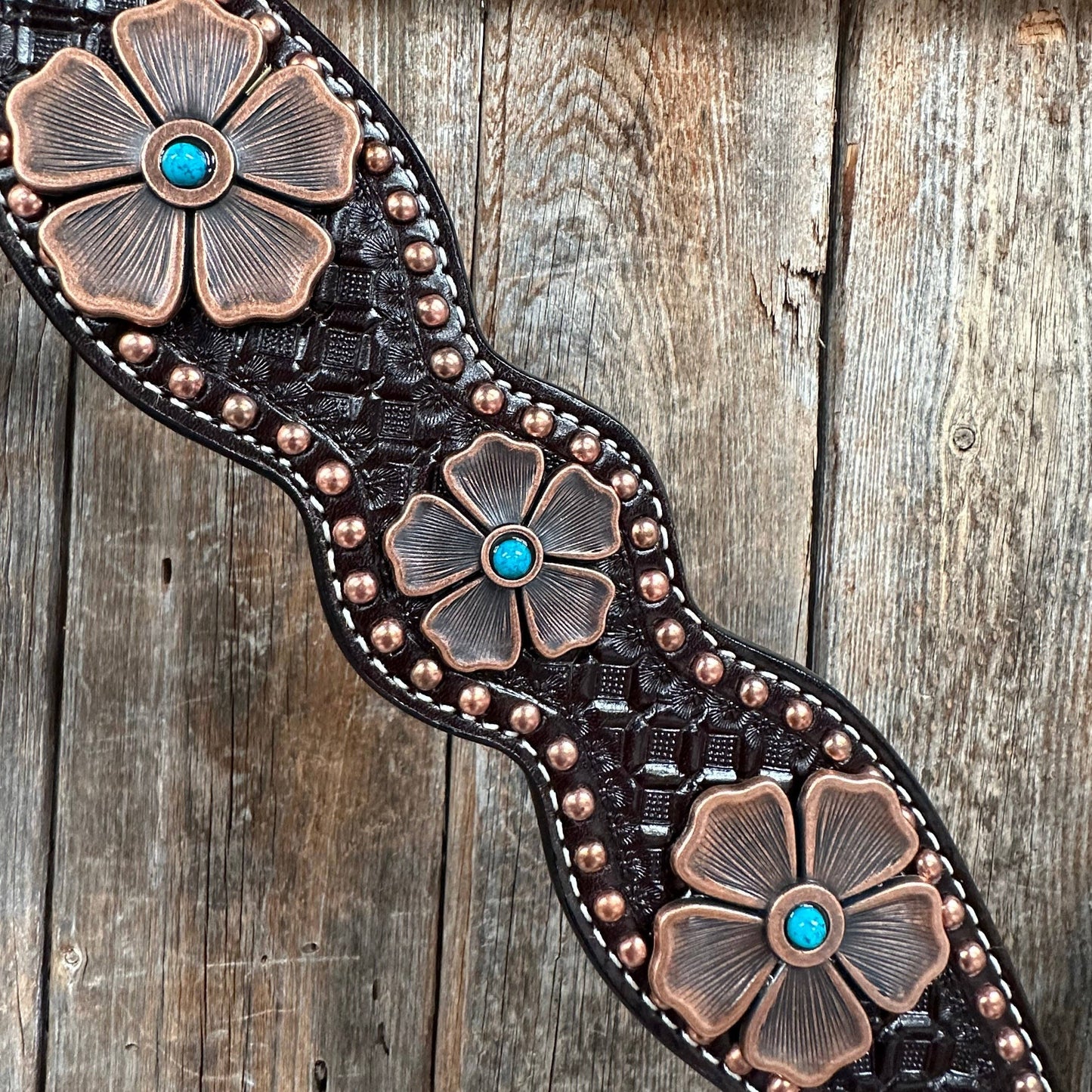 Copper Dot Honeycomb Flower and Turquoise Browband / One Ear Tack Set