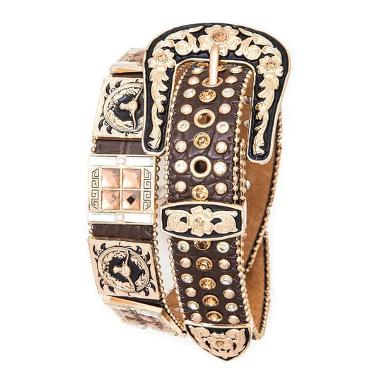 Long Horn Concho Crystal Western Adult Belt Brown Medium