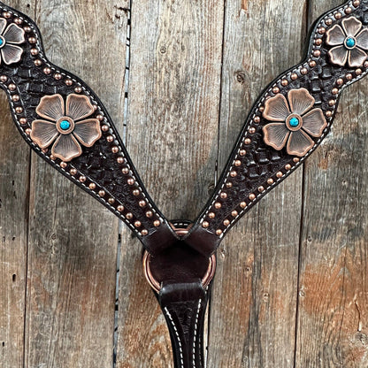 Copper Dot Honeycomb Flower and Turquoise Browband / One Ear Tack Set