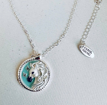 Arabian horse face Disk Necklace with Aqua