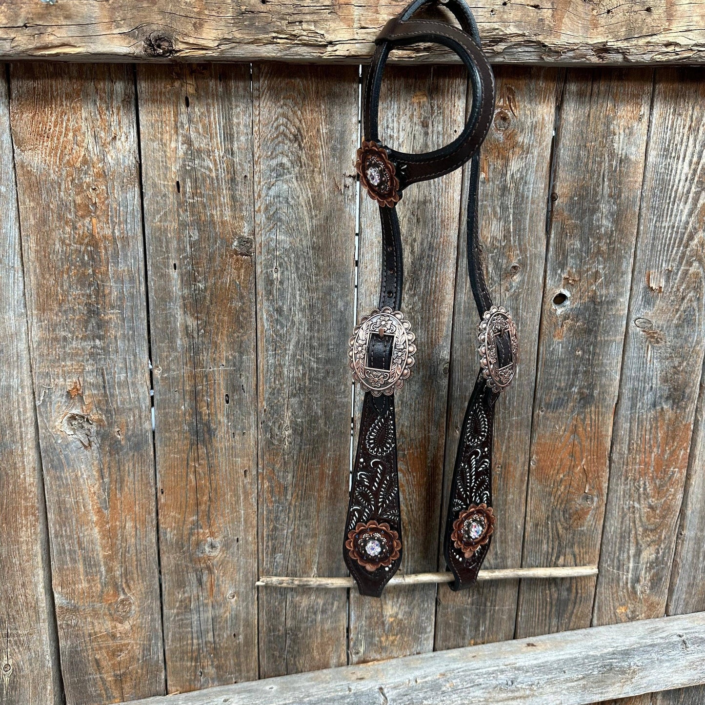 Hand Painted Paisley - Copper AB Rosette One Ear Headstall