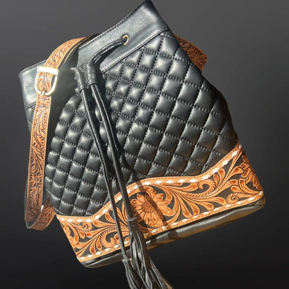 Western Tooled Quilted Leather Black Bucket Bag Handbag 