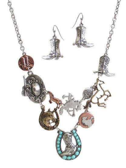 ( V224 )  HORSE THEME MULTI HORSESHOE LINK BIB NECKLACE SET