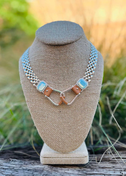 Bold Western Saddle Stirrup Necklace/Aqua stone w/toggle