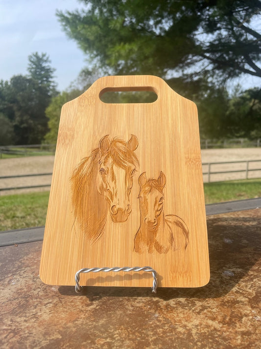 Mare and Foal bamboo engraved etched Horse Cutting Board