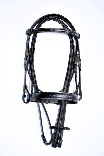 #33 Hunter Snaffle Bridle w/white edge stitching & Fancy Stitiched Brow & Noseband, English Leather Laced Reins