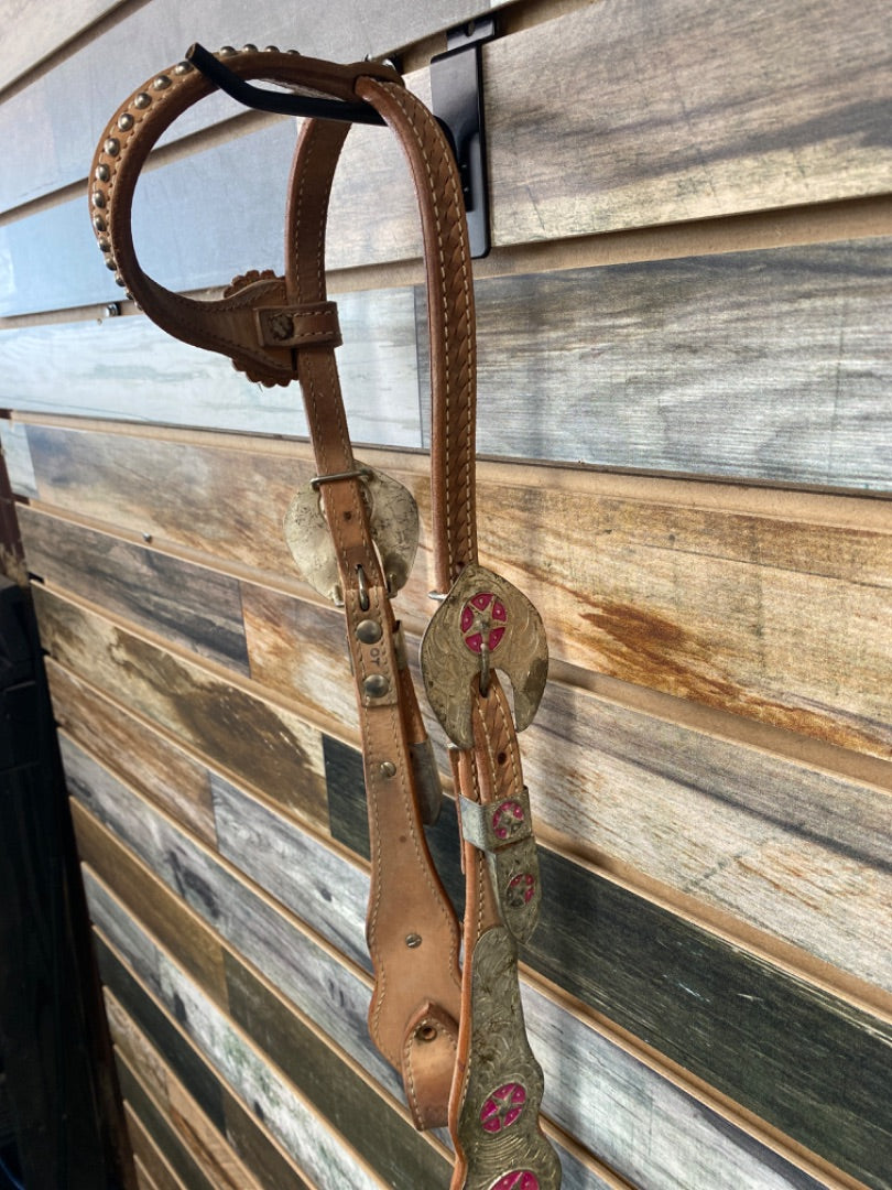 USED  Western Headstall With Silver Conchos  Pink/Silver