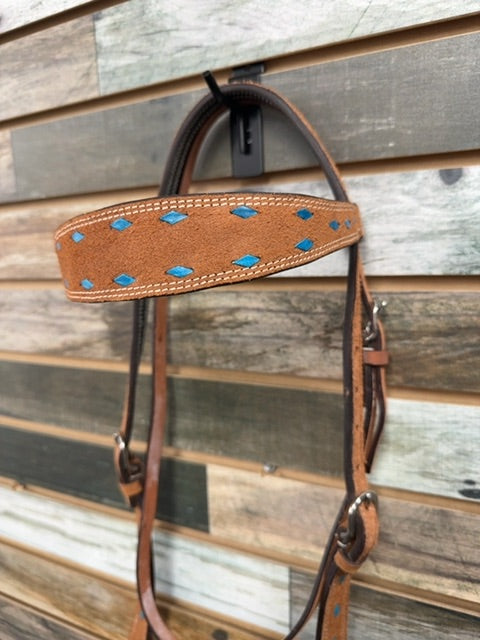 USED  Western Headstall Horse Light Oil with Teal inlays