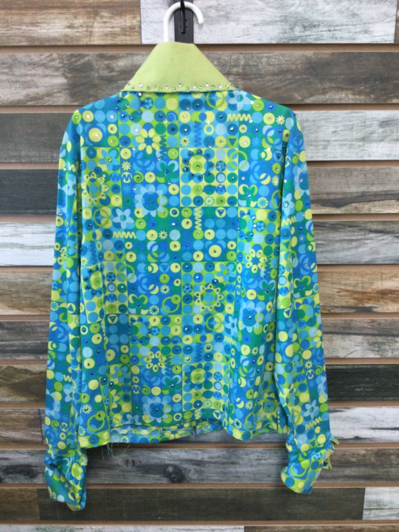 USED  Youth Western Show Shirt Medium Teal/Lime Green