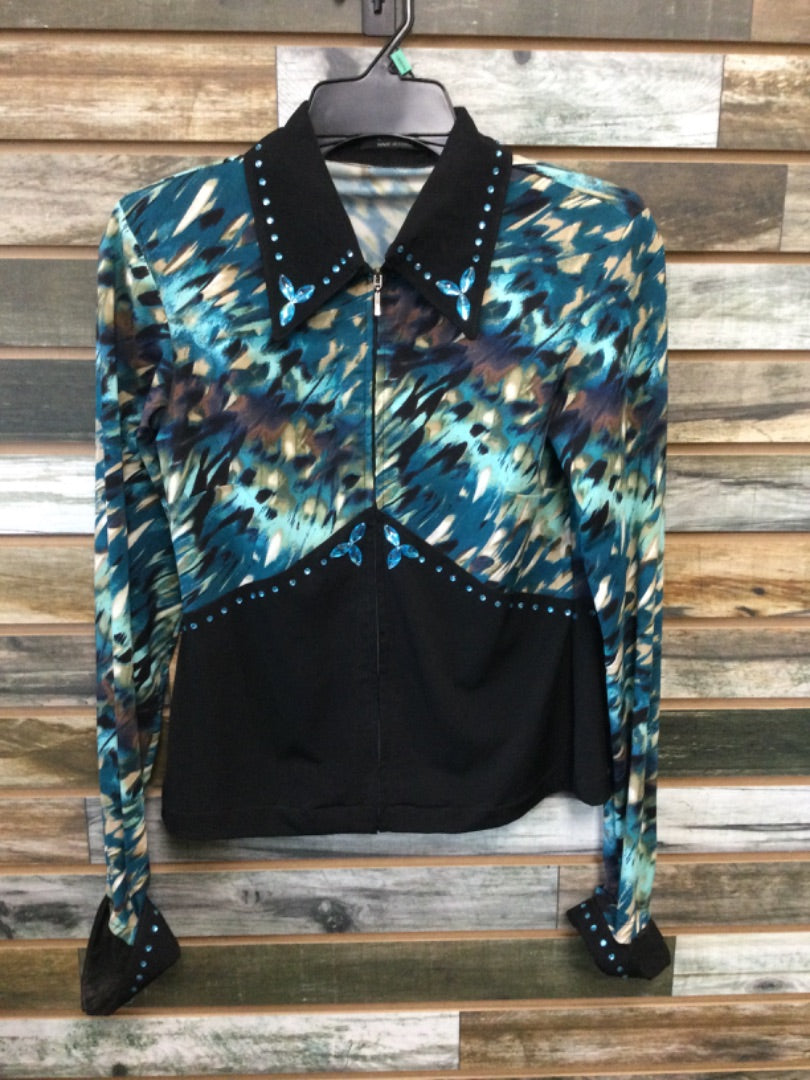 USED Equilong Ladies Western Show Shirt XS Black/Teal/Brown