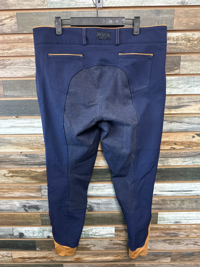 USED Dover Ladies English Full Seat Breeches 34 Navy with caramel trim