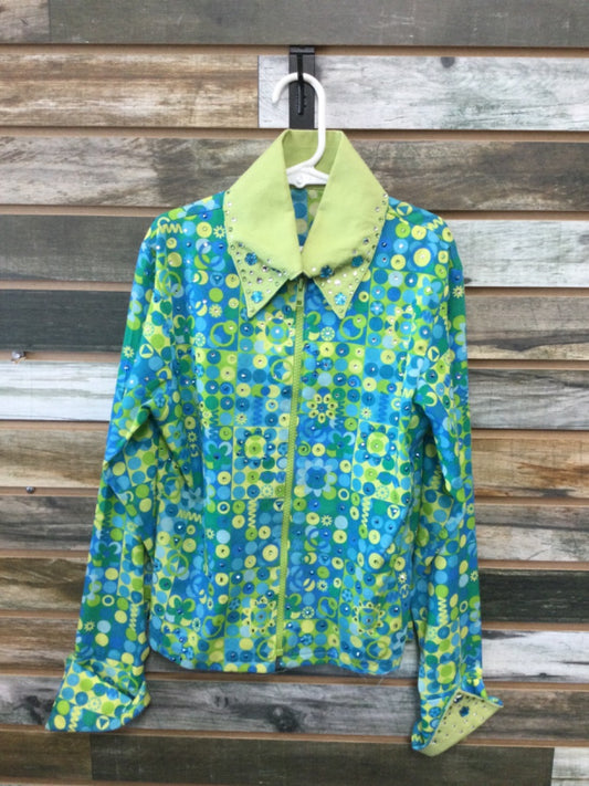 USED  Youth Western Show Shirt Medium Teal/Lime Green